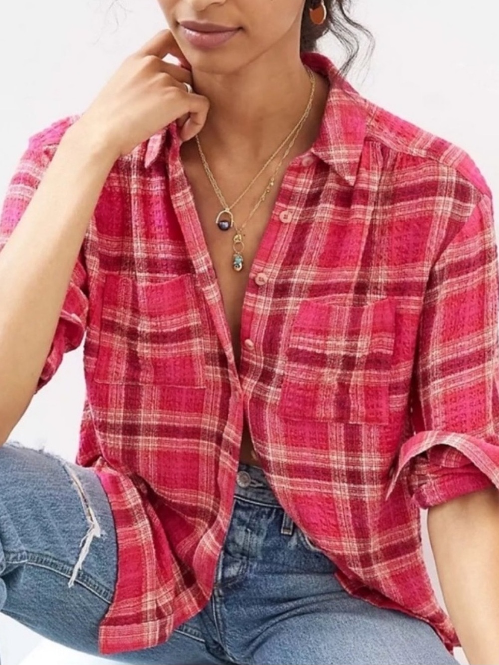 Pilcro Anthropologie Pink Plaid Flannel Lightweight Shirt Oversized Size Small